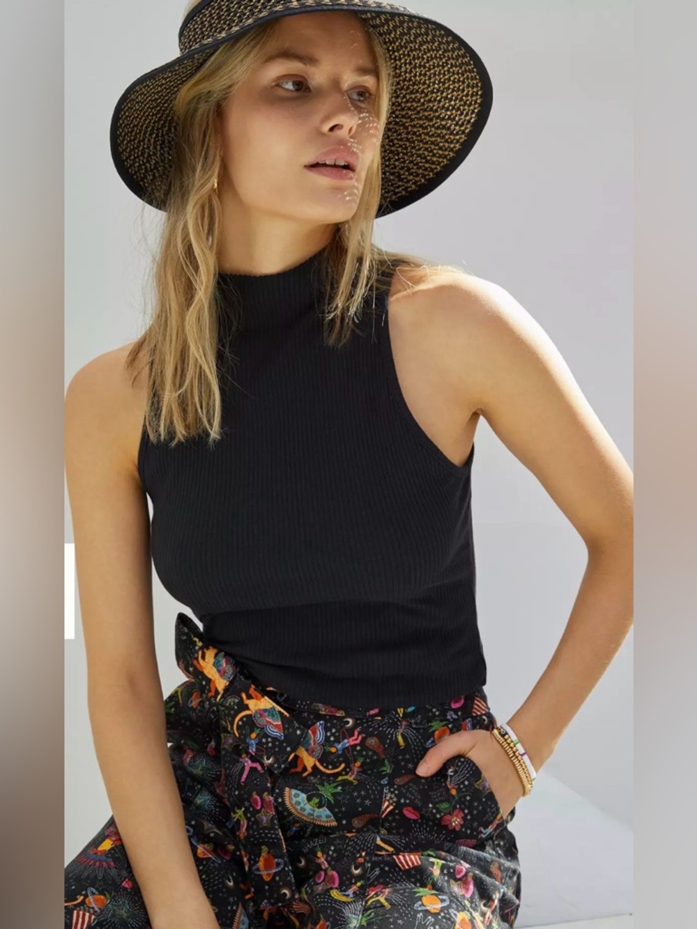 Maeve Anthropologie Mock Neck Ribbed Black Tank Top Shirt